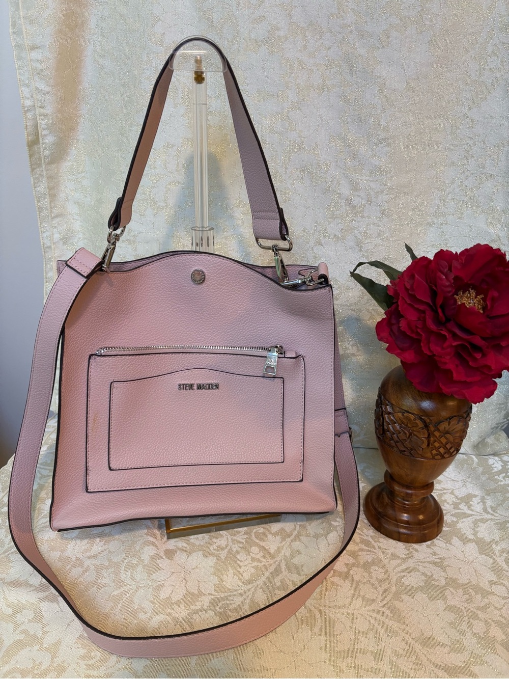 Steve Madden Light Pink Pebbled Vegan Leather Shoulder Tote with Crossbody